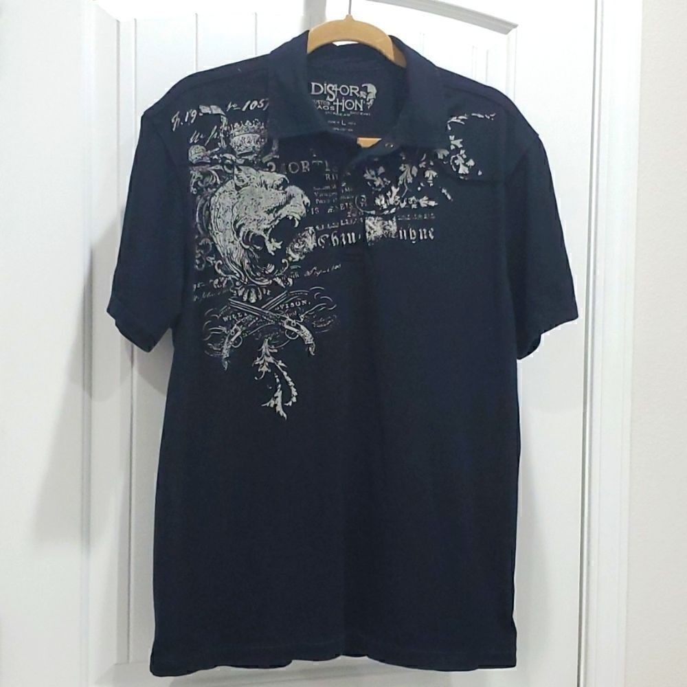 Distortion Mens Black Polo, Size Large